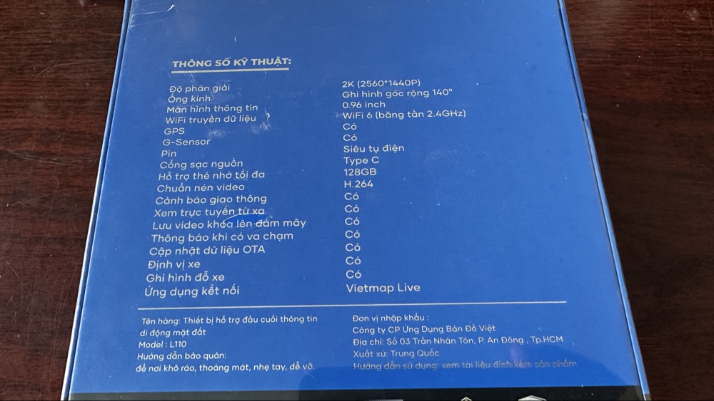 Mặt sau Hộp sản phẩm Camera hành trình Vietmap L110 chính hãng